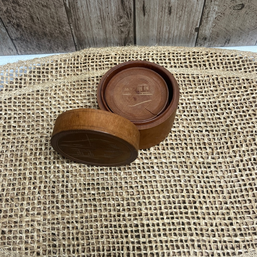 Vintage Coaster Set Asian Landscape Carved Wood Coasters w/ Holder Set of 8